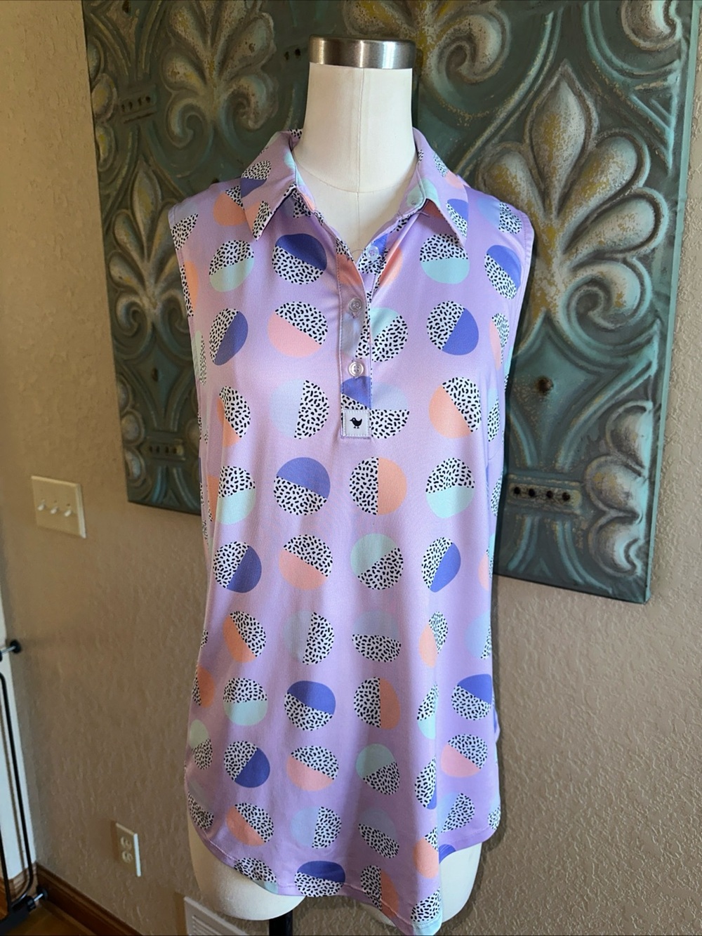 Bad Birdie Sleeveless Golf Polo Purple Pastel Retired Abstract Dot Print Size XL